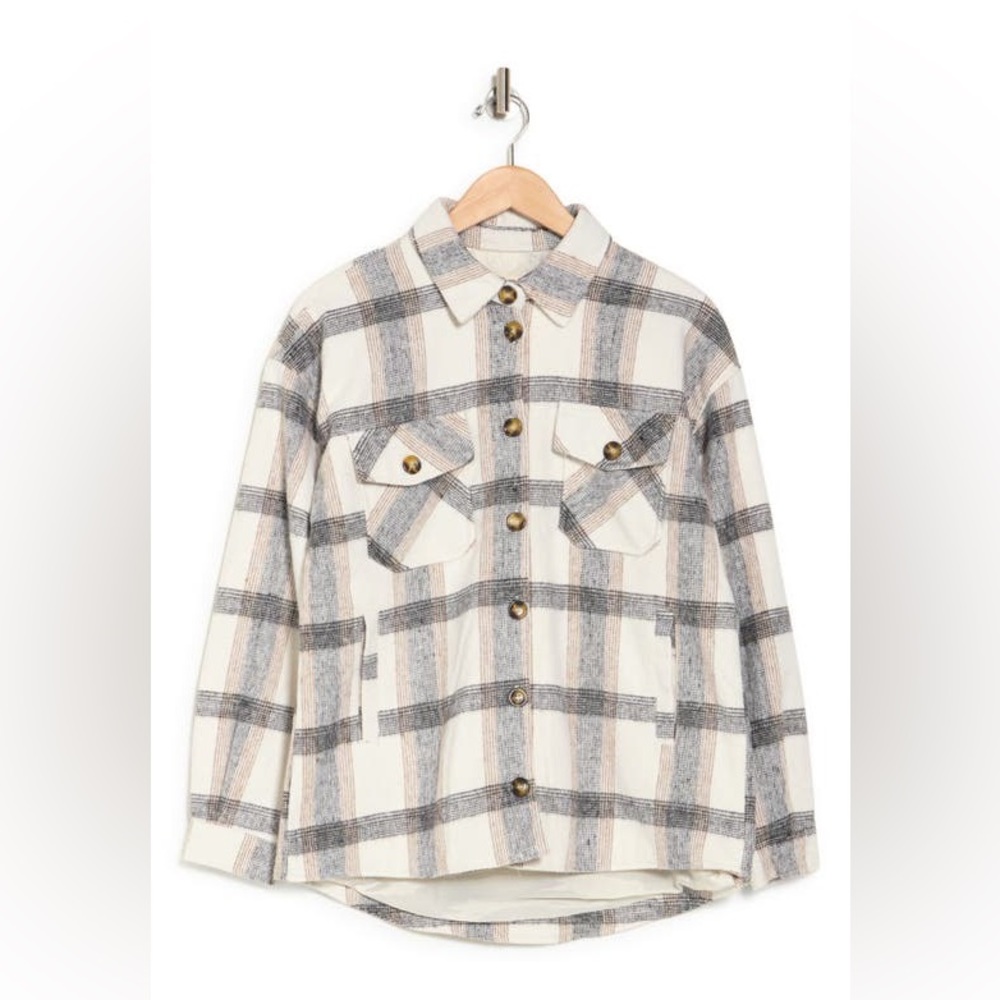 Thread & Supply Woven Shirt Jacket, Brown Ivory Plaid, Size S